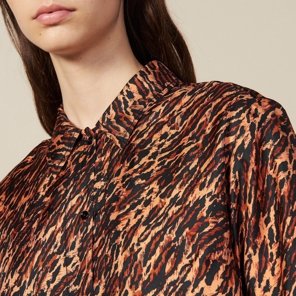 Sandro Paris | Evie Leopard Print Silk Short Sleeve Shirt | 2 (Medium) - Picture 5 of 12